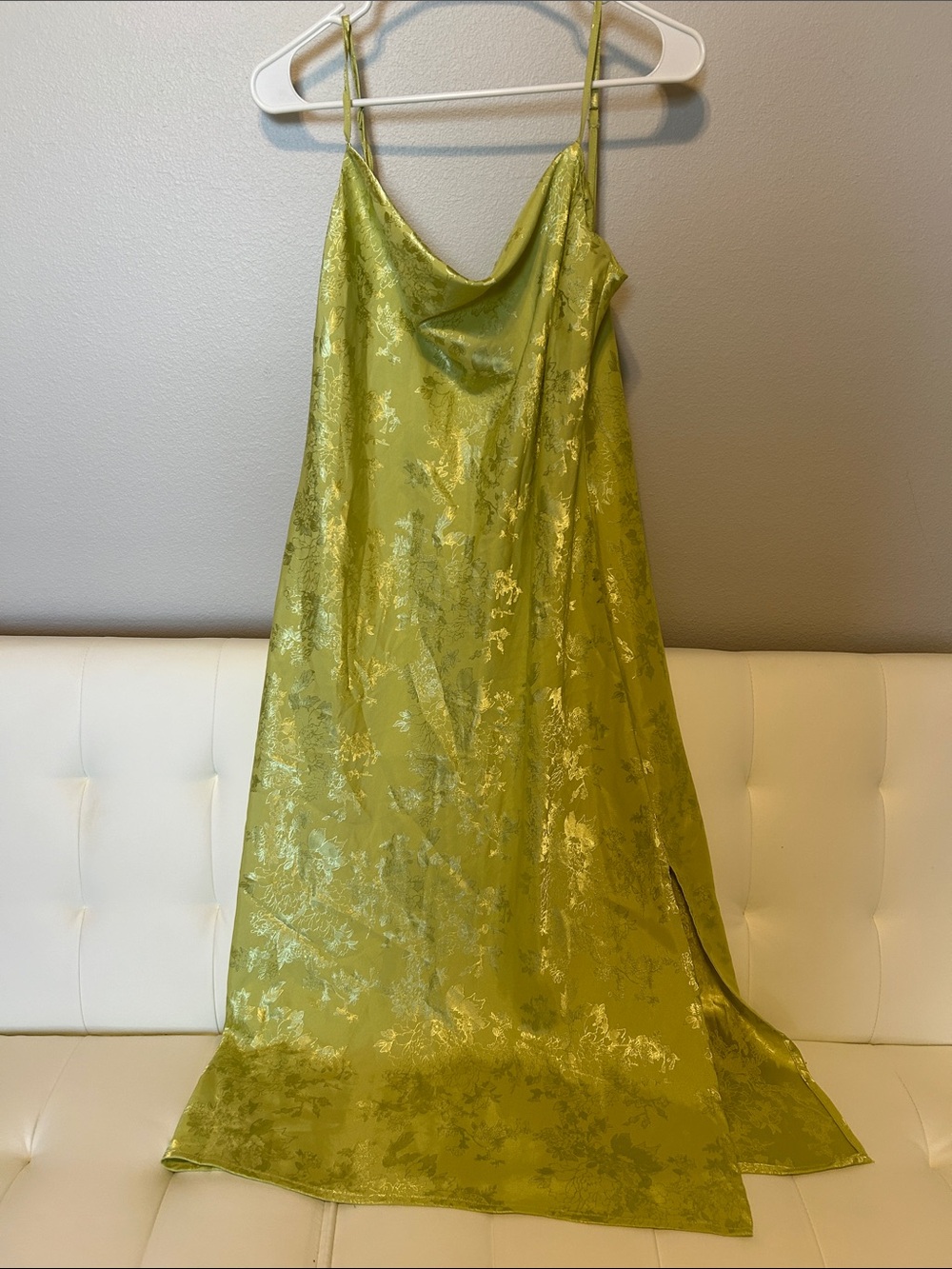 Rewind Olive Green Satin Slip Midi Dress